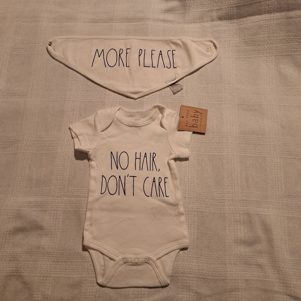 Rae Dunn baby 0-3 months bodysuit new, dribble bib preowned
